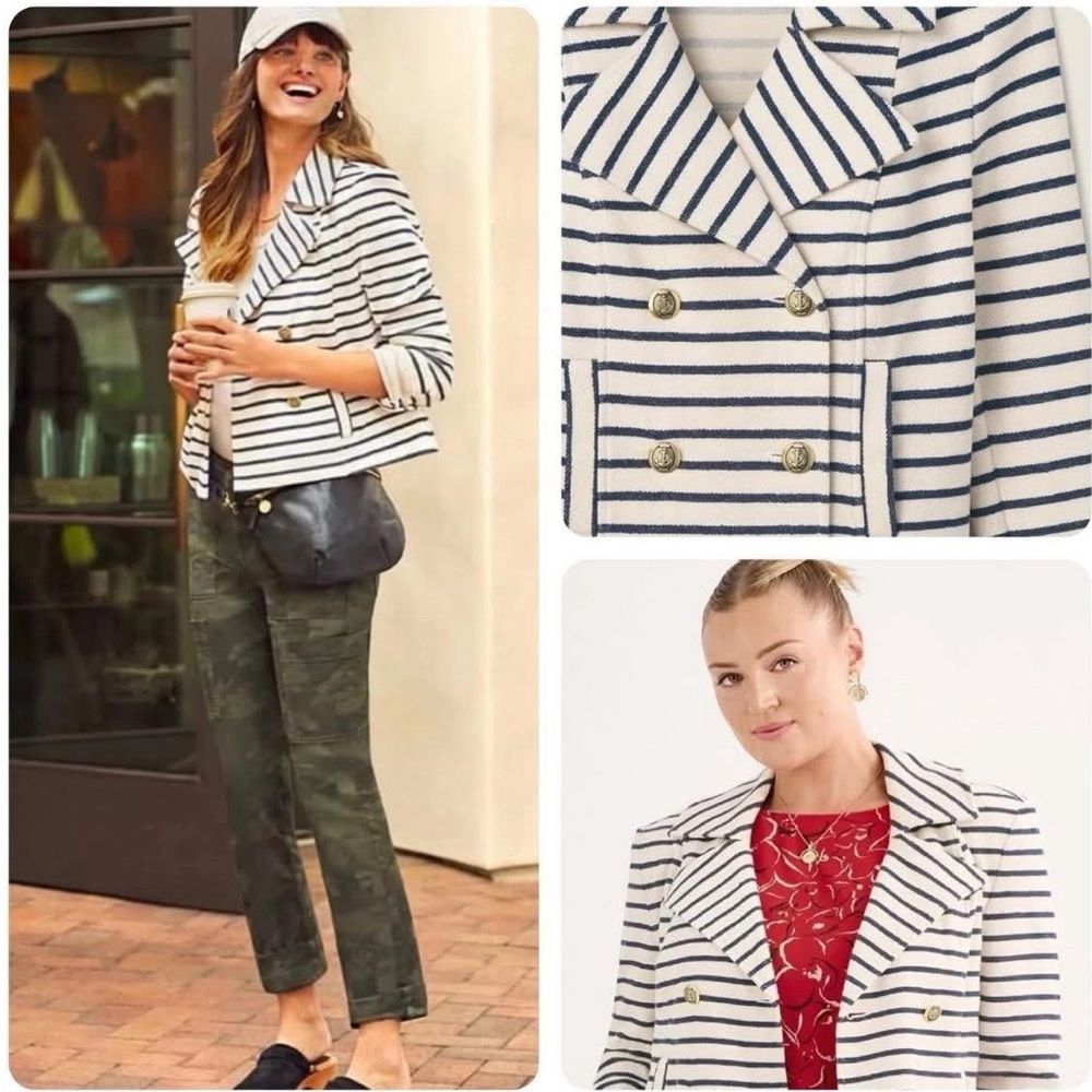 Striped Navy & Cream Double-Breasted Women's Blazer Jacket